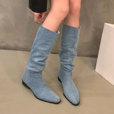 Buty damskie 2024 Moda Rękawy Damskie Buty Jesień Zima Szpiczasty Nosek Dżinsy Jednolite Wysokie Rury Grube Obcasy Buty Zapatos Mujer