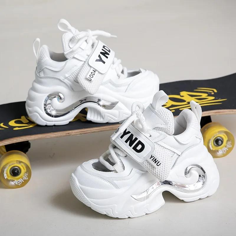 Fashion 8cm Summer New Shiny Sequins Chunky Platform Sneakers Women Breathable Lace Up Height Increase Shoes Woman Fashion Cute Sneakers