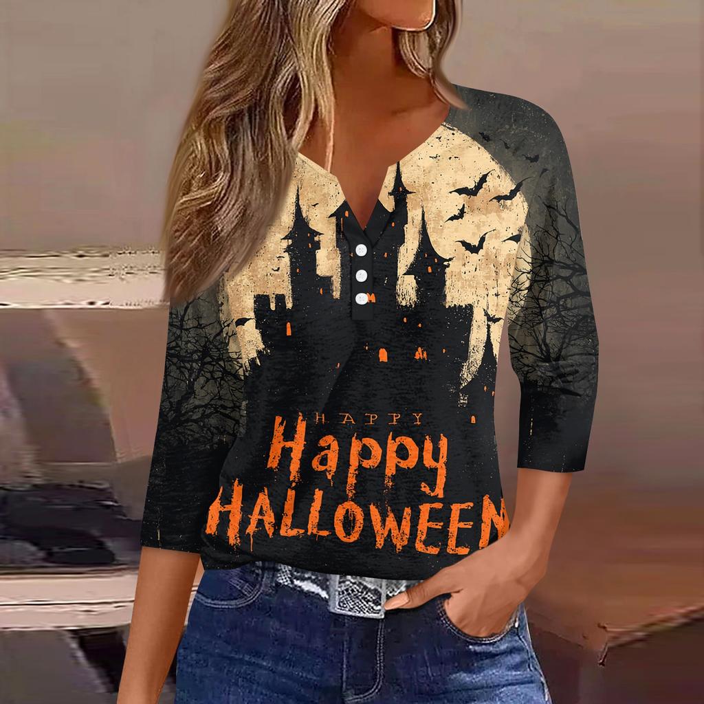 Women's Casual Halloween Print V Neck Button Front Three Quarter Sleeve T Shirt Top Lightweight Soft Fabric Comfortable Fit