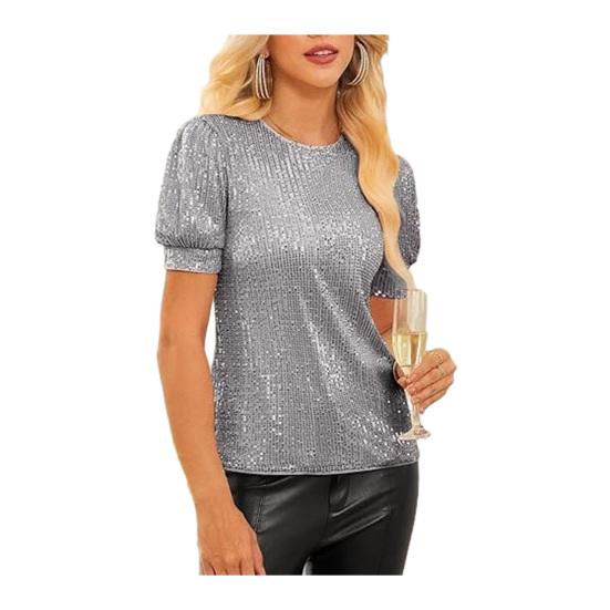 

Women Tops O-Neck Puff Short Sleeve Shiny Sequins Pullover Tops Loose Fit Stretchy Soft Blouse Party Vacation Wear S