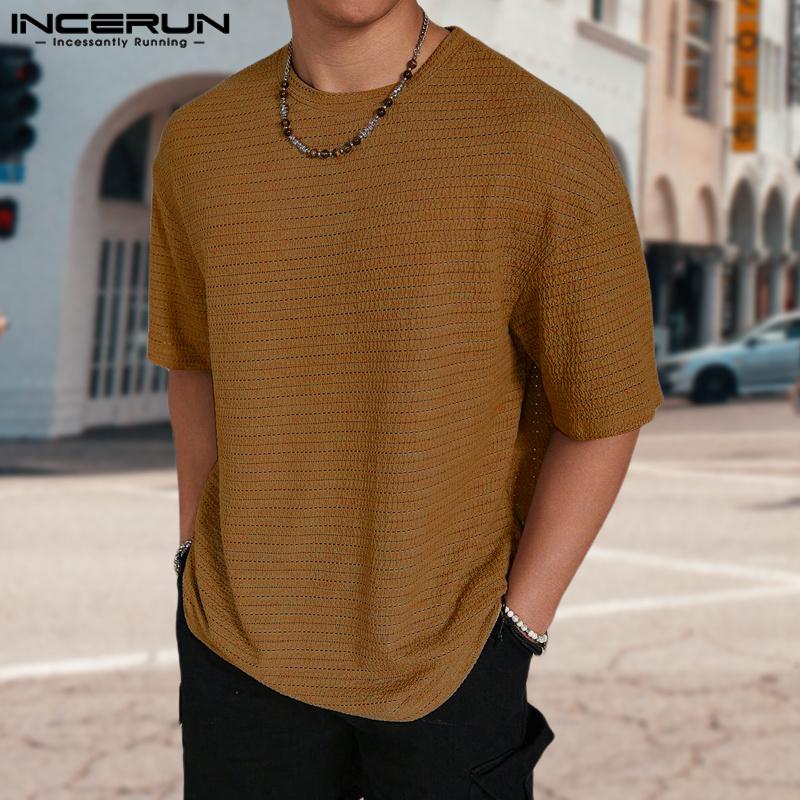 INCERUN Men Round Neck Short Sleeve Tops Solid Color Texture T-shirts