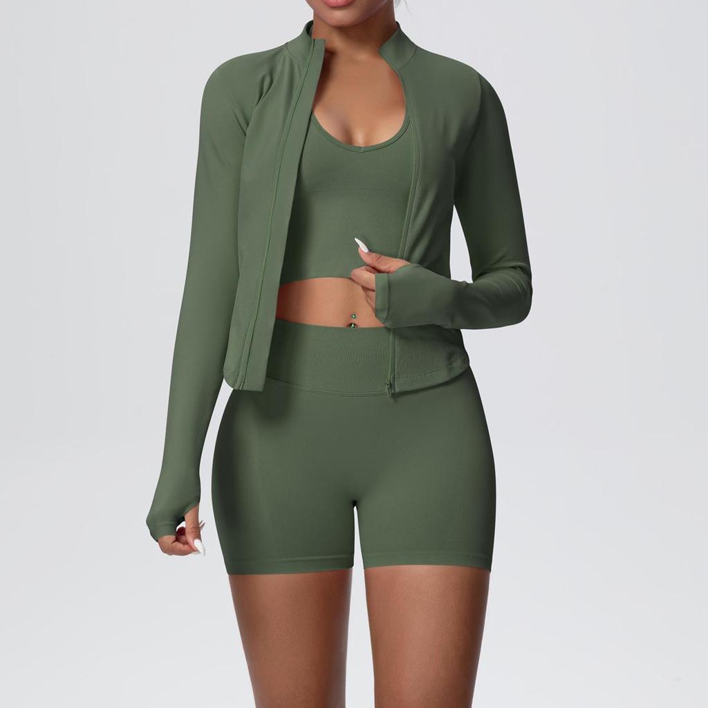 Women's European & American Sports Casual Three-Piece Set: Knitted Long Sleeve Zipper Jacket, Sports Vest, & Shorts Fitness Wear.