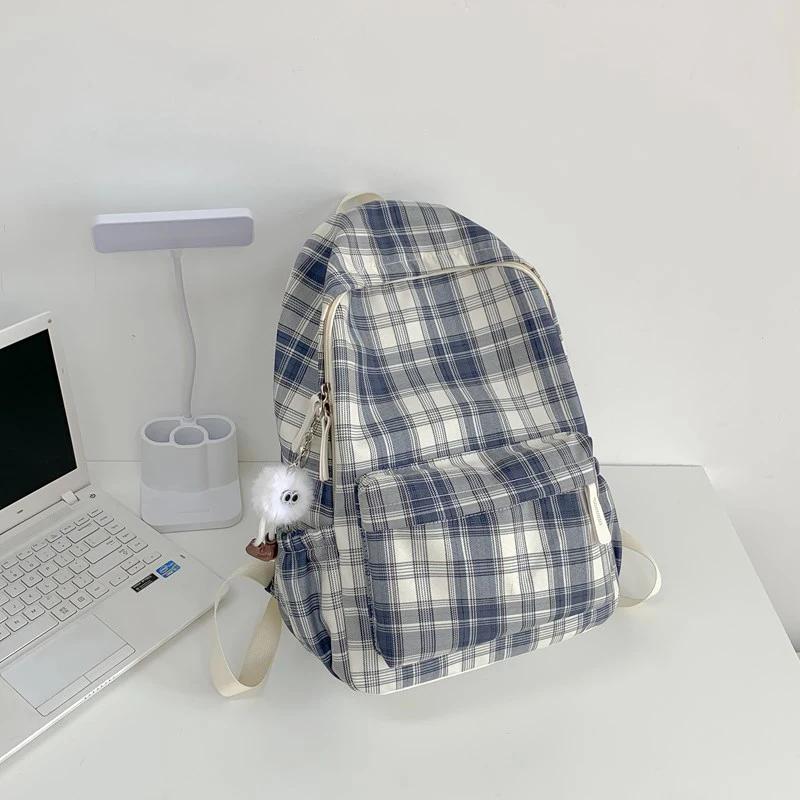 

WTEMPO Школьные сумки в стиле преппи, художественные рюкзаки, универсальные повседневные элегантные дорожные сумки с принтом в клетку и застежкой-молнией with a pendant