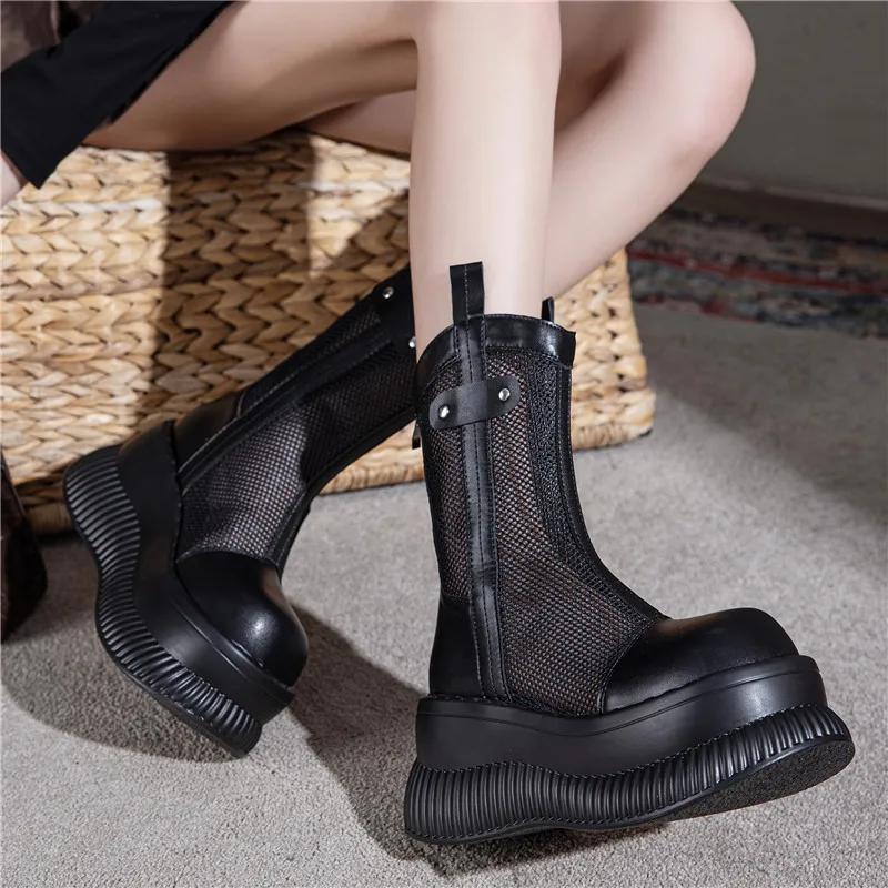 8CM Air Mesh Genuine Leather Boots Women Pumps Summer Motorcycle Chimney Sandals Hollow Ankle Booties ZIP Fashion Shoes