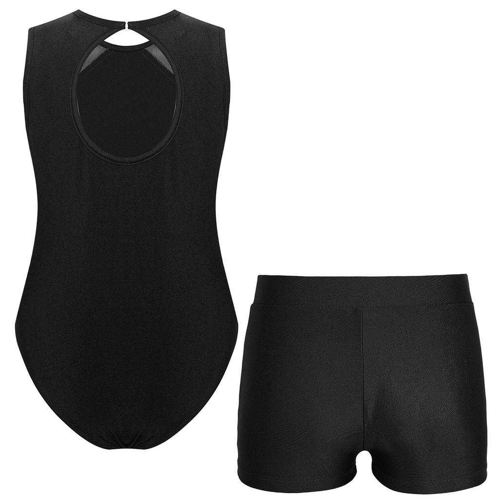 Girls Glittery Rhinestones Gymnastics Outfit V Front Waistband Shorts Keyhole Back Sleeveless Bodysuit Figure Skating Dance