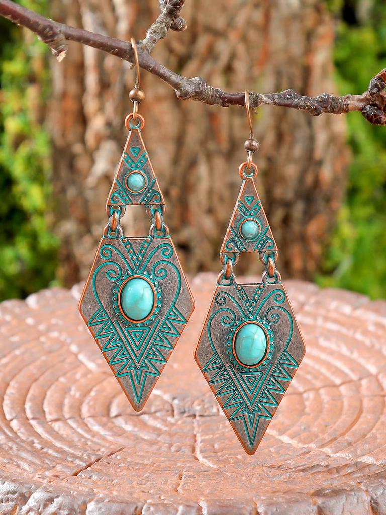 1 Pair Ethnic Style Earrings for Women Geometric Rhombus Vintage Silver Boho Accessories Daily Wear Party Decors Gifts Versatile