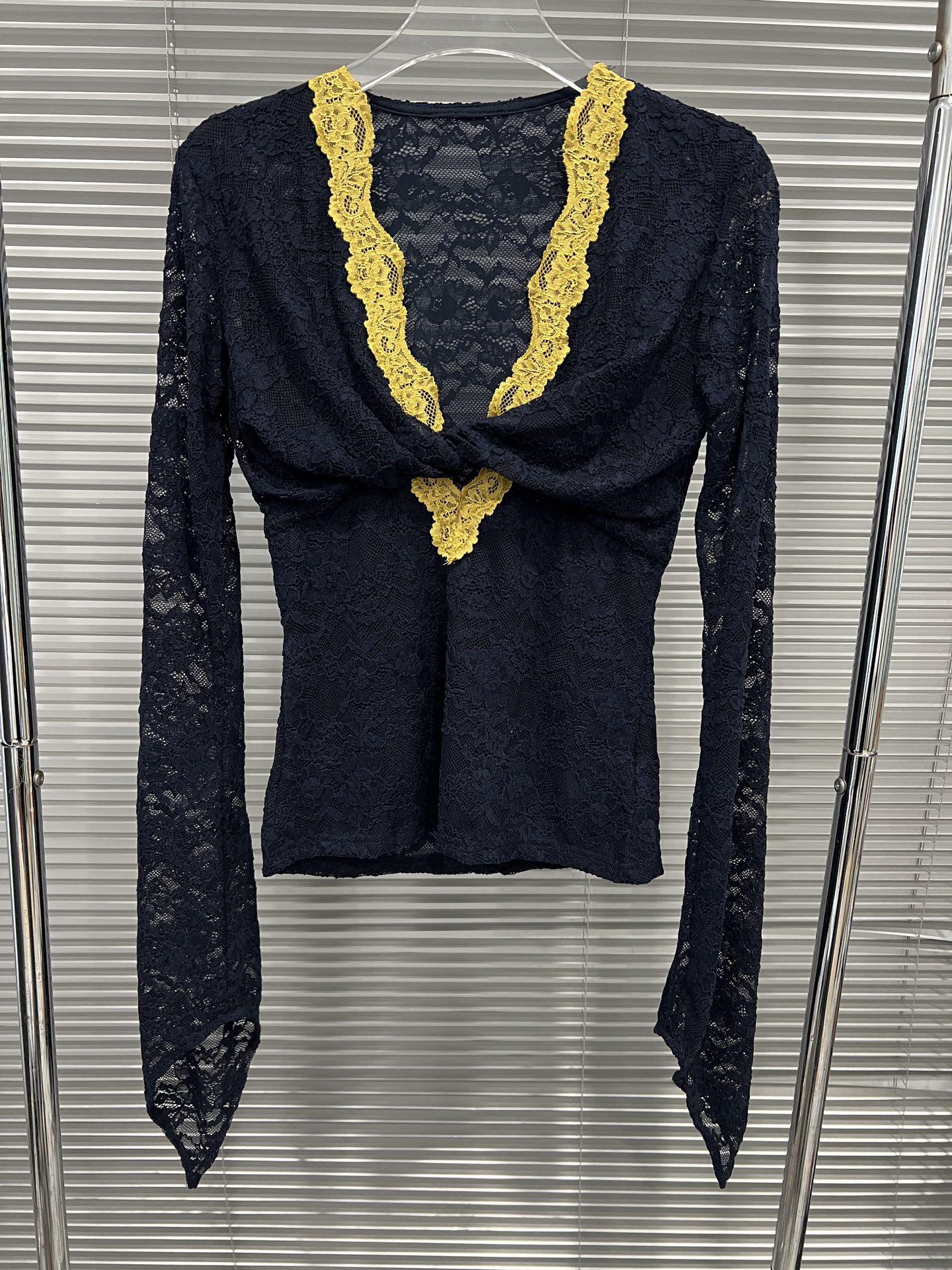 Spring 2026 Sexy Lace V-Neck Slim-Fit T-shirt M темно-синий