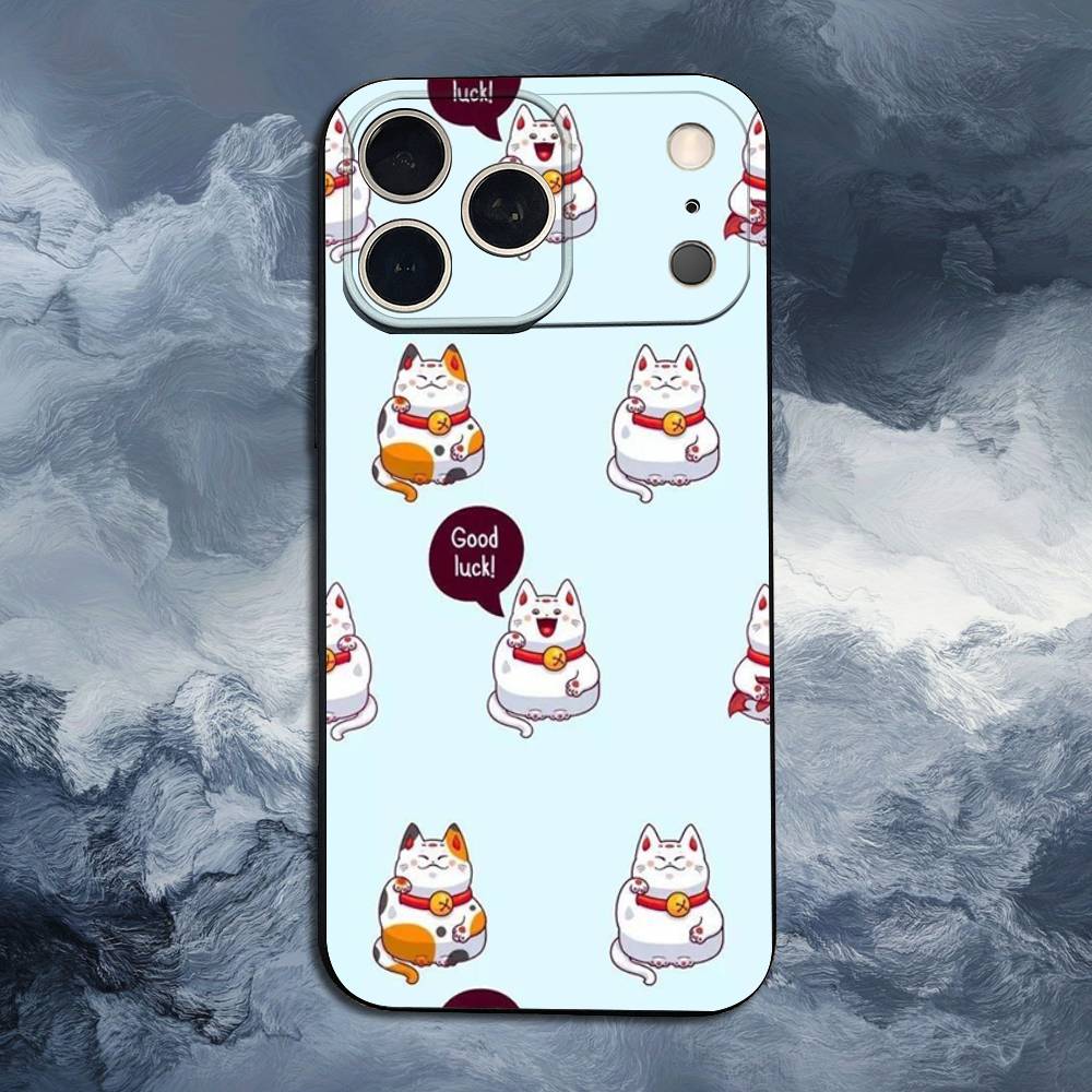 Cartoon Lucky Cat Phone For iPhone 13,12,15,14,11,16,17,Plus,Pro Max,XS,X,XR,SE,Mini,8,7,Soft Silicone Black