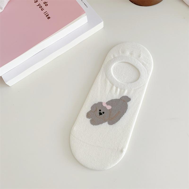 Spring and Summer Cute Little Animal Boneless Boat Socks for Girls, Cartoon School Style Pure Cotton Short Tube Anti-slip Invisible Socks