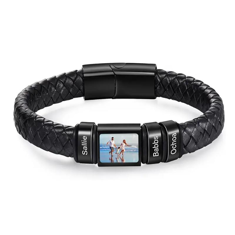 Personalizovaný náramek s fotografií pro muže, náramek s vlastním obrázkem, kožený gravírovaný náramek, šperk jako dárek pro muže, chlapce, manžela