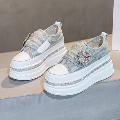 Damen Herbst Dicksohlige Plateau-Canvas-Schuhe mit versteckter Absatzsteigerung, Strass-Perlen-Verzierung & Klettverschluss