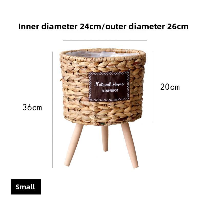 Nordic Rattan Straw Flower Basket with Wooden Stand for Indoor Decoration