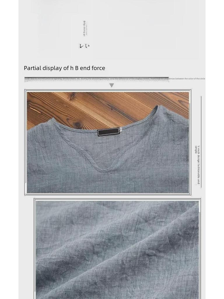 Herr Sommar Koreansk V-ringad Kortärmad Bomull Linne T-shirt - Andningsbar, Allsidig, Trendig Halvärm för Större Storlekar