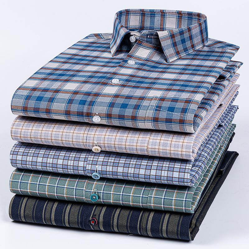 Plus Size Cotton Long-sleeve Shirts for Men Slim Fit Formal Plain Shirt Soft Plaid Striped Tops Office Elegants Clothes