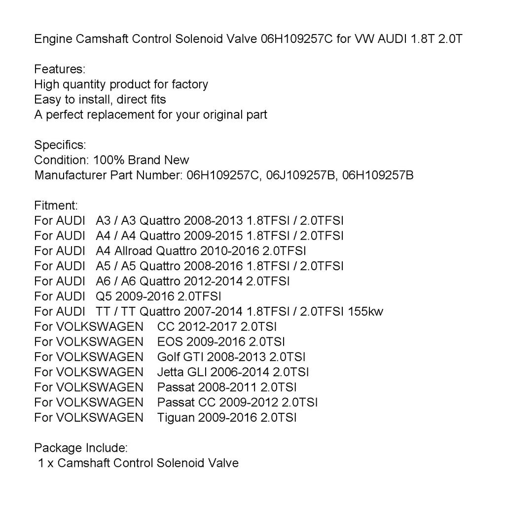 Engine Camshaft Control Solenoid Valve 06H109257C for VW 1.8T 2.0T