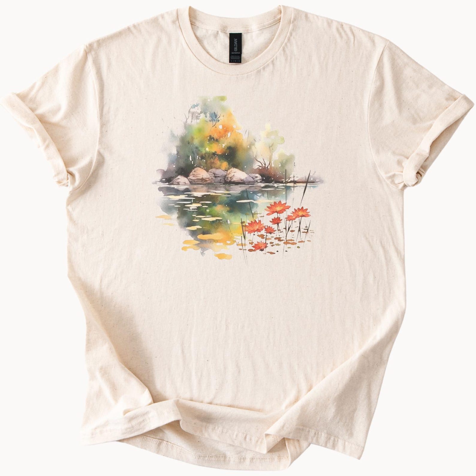Watercolor Autumn Lake Scene Graphic Shirt Nature Art Tee Colorful Forest Water Reflection with Orange Lotus Flowers 130