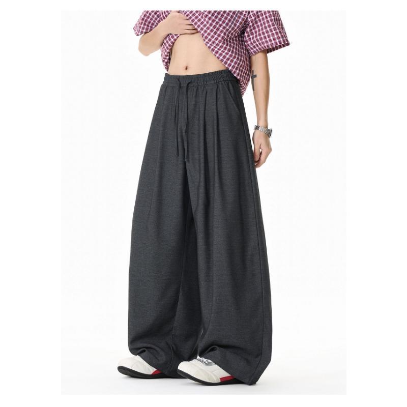 Mens Loose Draped Double Pleated Waist Straight Casual Long Trousers