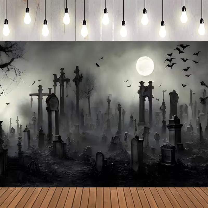 

2D Vintage Halloween Graveyard Backdrop Full Moon Foggy Tombstone Photo Prop 47.2x31.5inch/120*80cm