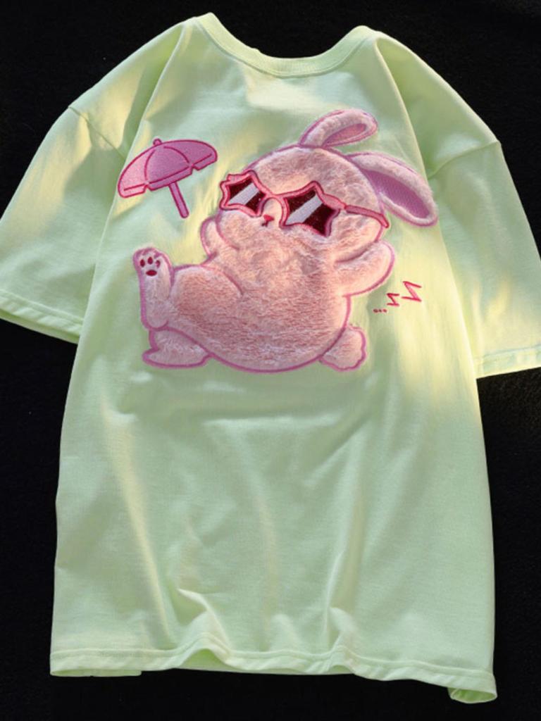 Women's Retro Cute Rabbit Flocked Short Sleeve T-Shirt - Pure Cotton Summer Couple Top