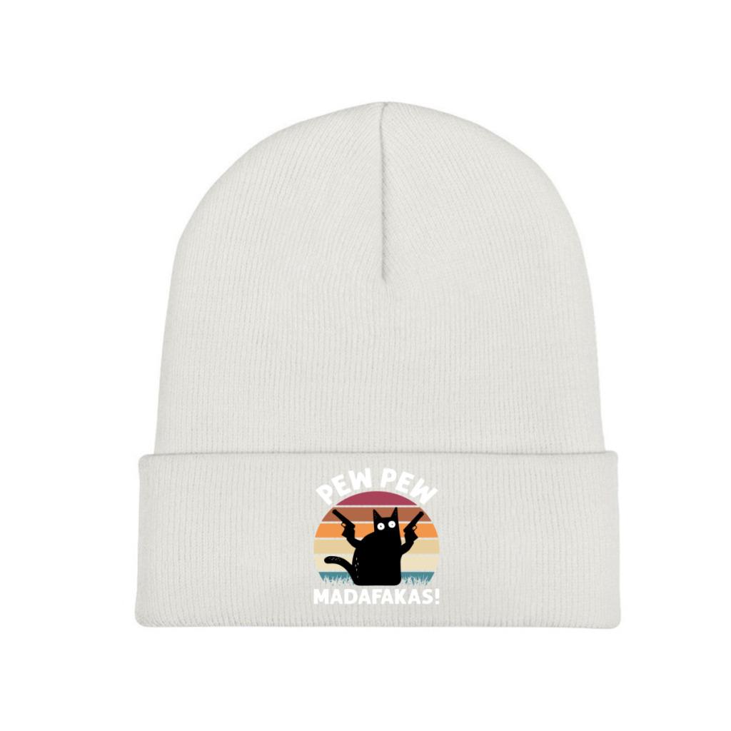 Chapeau Tricoté Bonnet Chat Noir Rétro Vintage Pew Pew Madafakas Chapeau Automne Hiver Chaud Polyester Décontracté Bonnets pour Unisexe Femmes