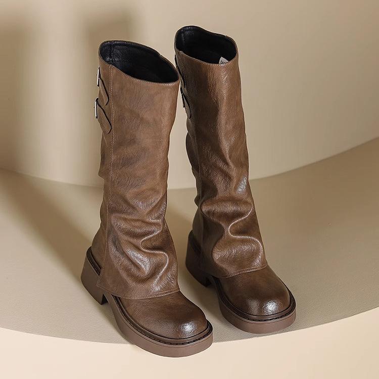 Maillard Retro Boots Women's 2025 Spring and Autumn But Knee Boots Knight Boots Thick-soled Pleated Trouser Tube Boots
