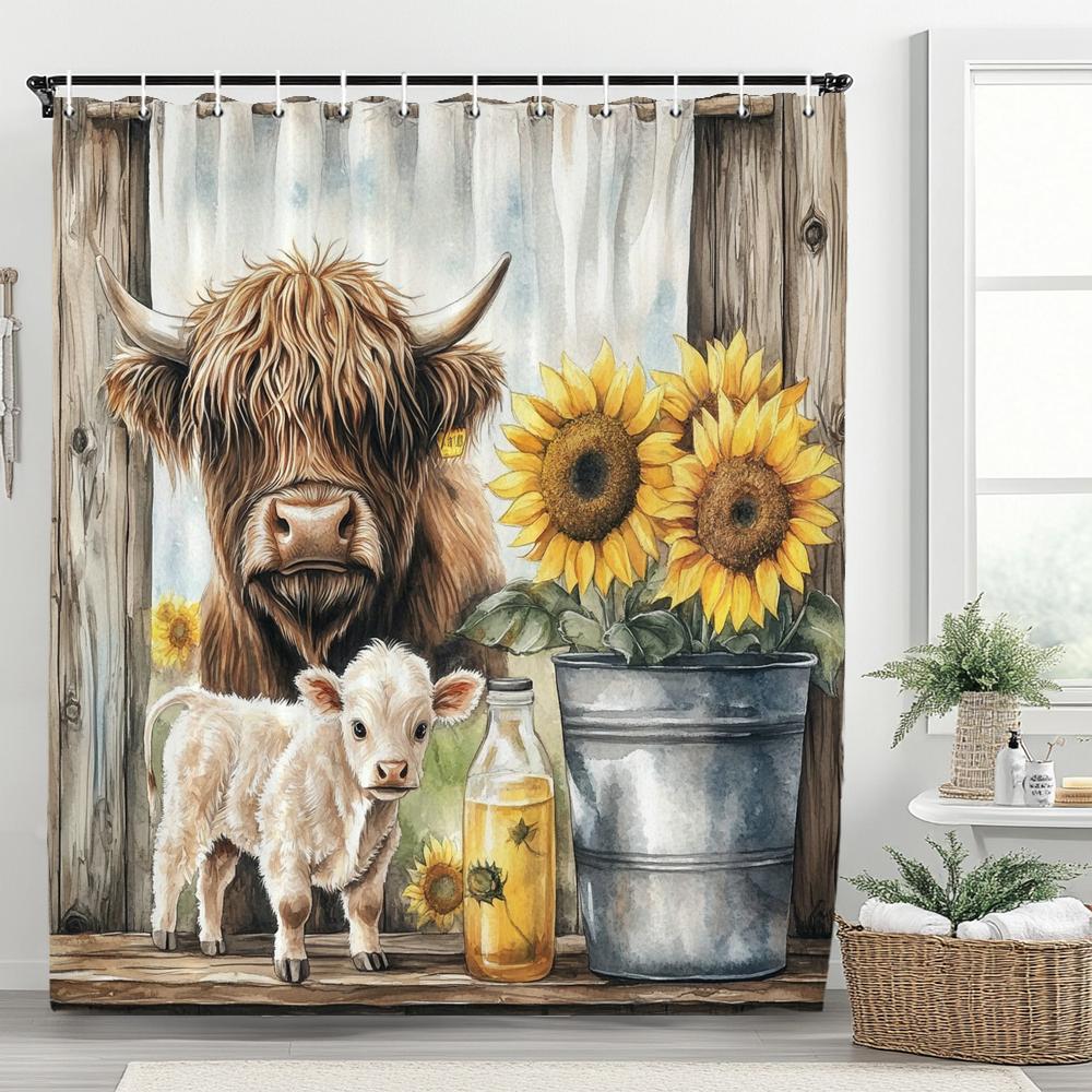 Cute Highland Cow Shower Curtain,Farmhouse Rustic Cow Animal Floral Bathroom Curtain,Decorative Fabric Home Curtain With Hooks
