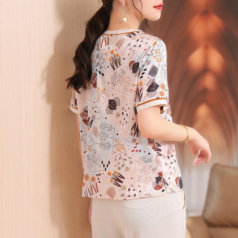XUEXI Women's Summer Printed Mulberry Silk Short Sleeve Top