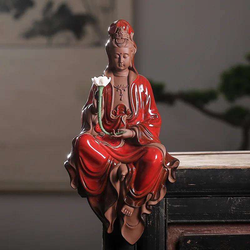 Zisha Guanyin Zen Statue Dekorationen, Keramik Buddha Statuen mit sitzendem Bodhisattva, Klassisch Chinesisch, Kreativ, 1 Stück