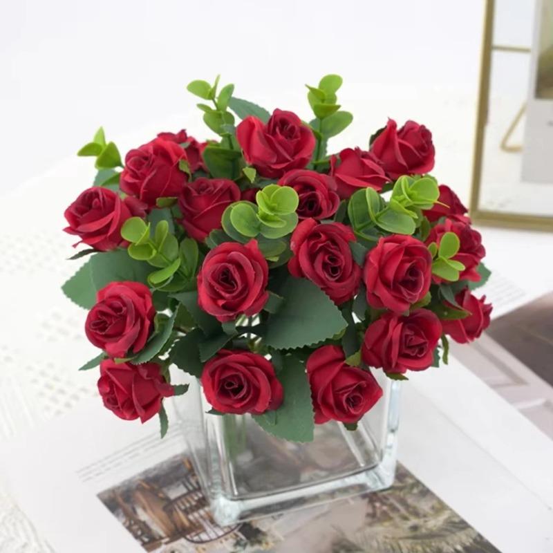 Artificial Eucalyptus Leaves & Silk Roses Bouquet, Fake Flowers for Vase, Home Outdoor Garden Festival Wedding Party Table Decor
