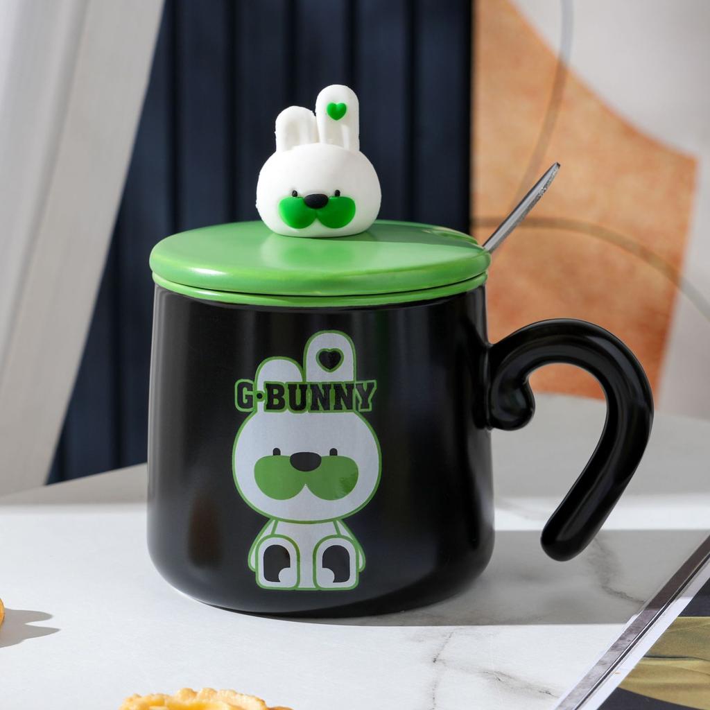 Children's Cup Breakfast Coffee Cup with Lid Spoon Cartoon Cup High Value Household Ceramic Cup Small Gift Set