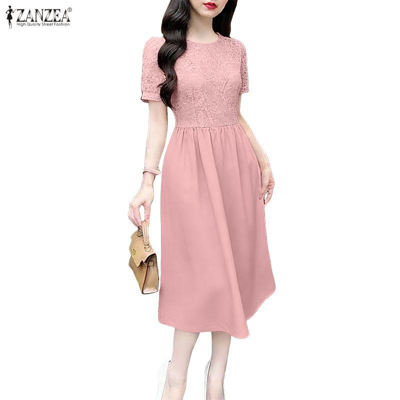 ZANZEA Women Lace Patchwork Casual Round Neck Short Sleeve Dress