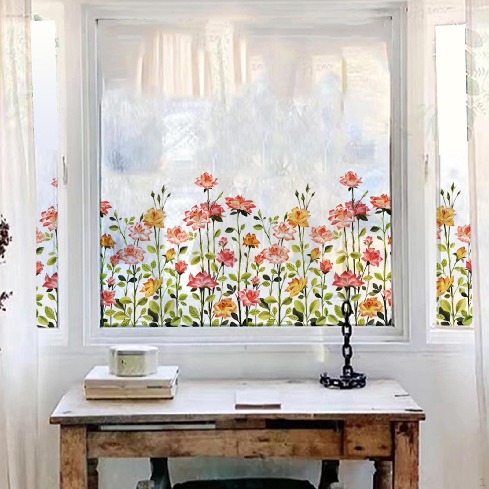 

4 Pieces Static Cling Window Sticker Floral Glass Film Vinyl for Bathroom зелений