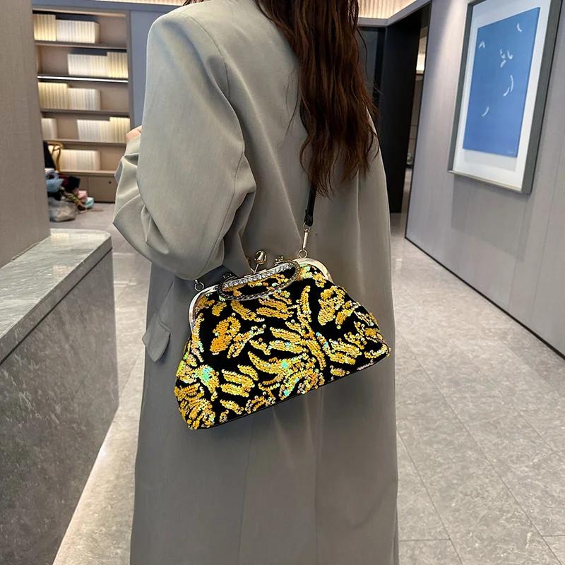 Genți de lux cu paiete din cochilie de cristal, genți cu flori bling, genți albastre, genți de umăr cu clutch de seară cu lanț de aur