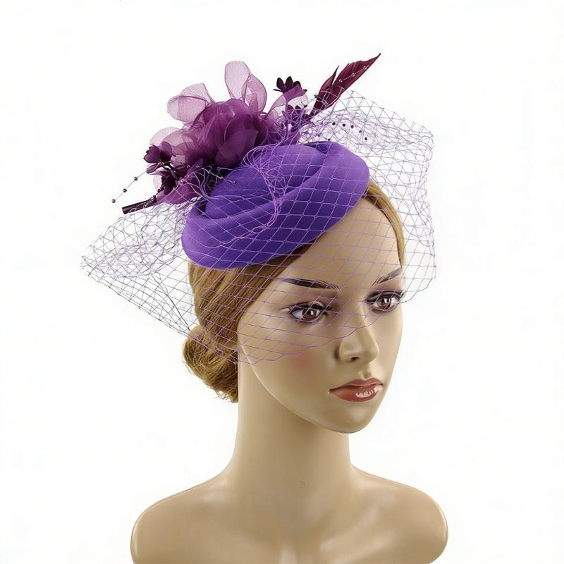 Elegant Feathered Flower Fascinator Hat for Women Cocktail Party Wool Fedoras Hat For Masquerade Parties Dressingup