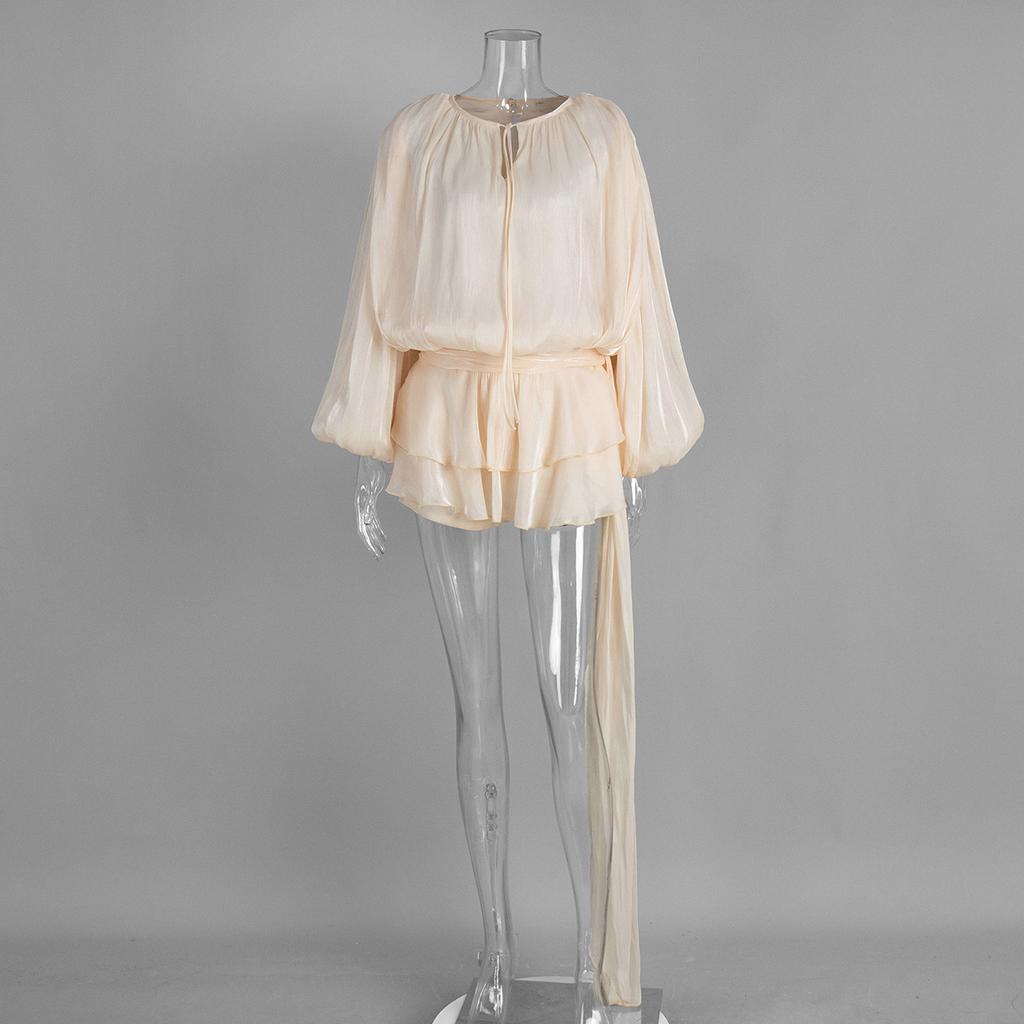 Chiffon-Langarmkleid Europäischer und Amerikanischer Sommer Neues Laternenärmel Schnürung Kurzer Rock Rüschen Blattkante Kleid