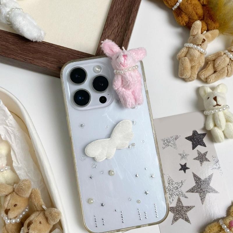Cartoon Rabbit Phone Charm with Pearls Necklace PP Cotton Texture Suitable for Jewelry Accessories and Gift Decoration