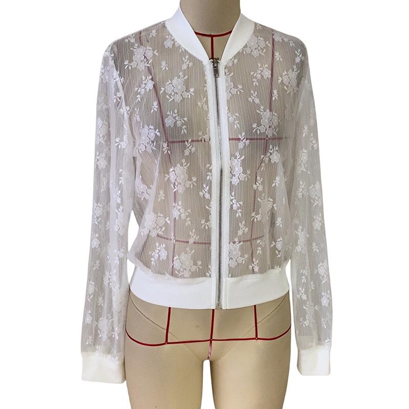 Ladies Jacquard Lace See-Through Solid Color Zipper Cardigan Jacket Coat