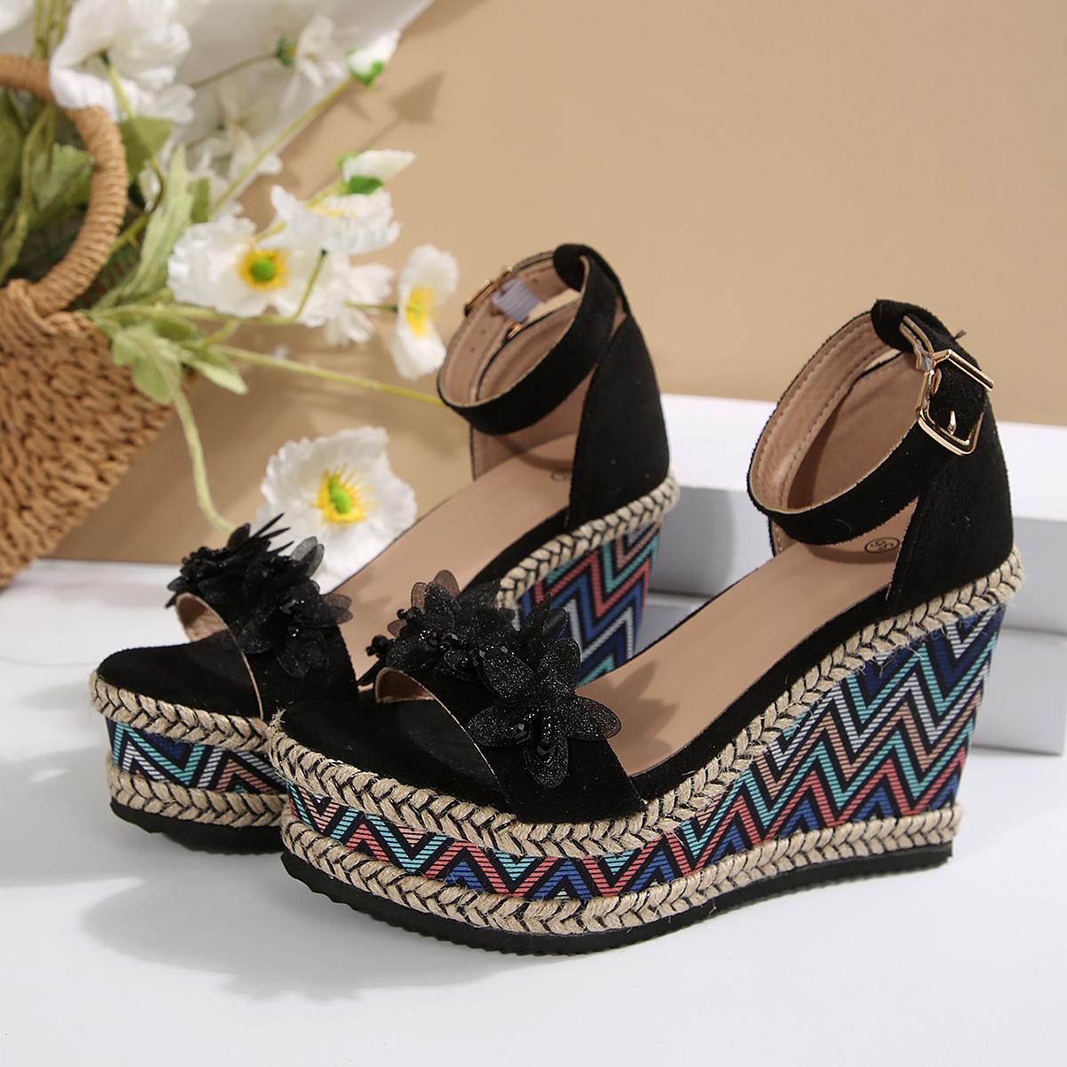 

Женские босоножки на танкетке, босоножки на платформе, черные с пряжкой, высокий каблук 10 см, 2025 г., новый стиль, винтажная резиновая подошва, летняя подкладка из полиуретана 42