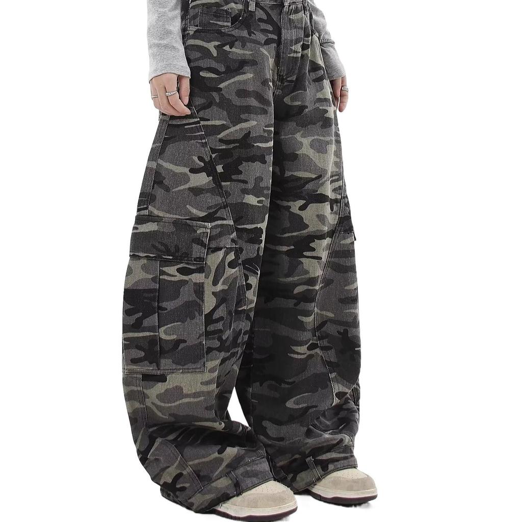 Unisex American Retro Camouflage Cargo Pants, Spring/Autumn 2024, Loose Fit, Multi-Pocket, Washed Style