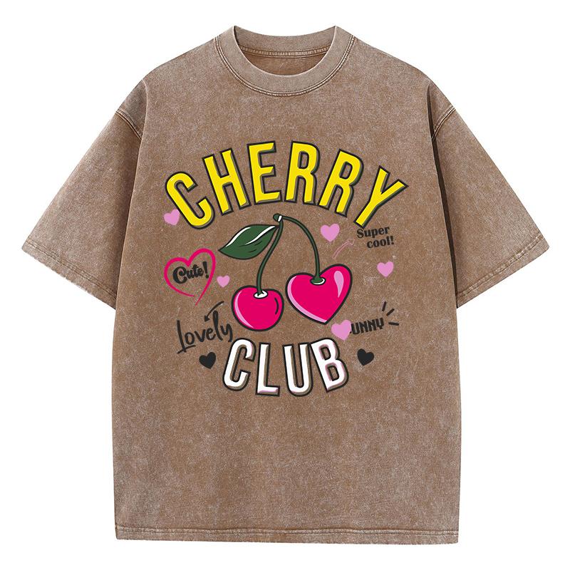 Street Damen Washed T-Shirts Cherry Club Niedliche Cartoons Print Tees Bequeme Distressed Baumwolle Oversize Oberteile Kleidung