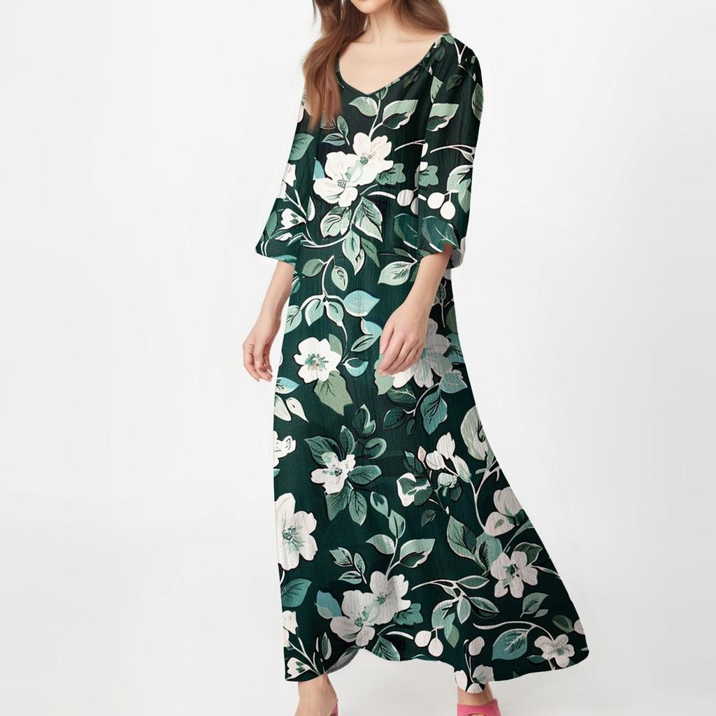Damska Sukienka Midi z Tuniką w Stylu Vintage z Nadrukiem, Talia, Letnia Casualowa Sukienka z Rękawem 3/4 Sukienka