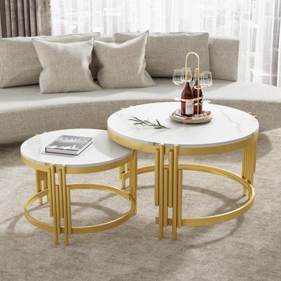 Modular Coffee Table Set, Marble Look, Golden Metal Frame, Round Tables In 2 Sizes, Nestable Design, Space-saving, Artistic Table Legs