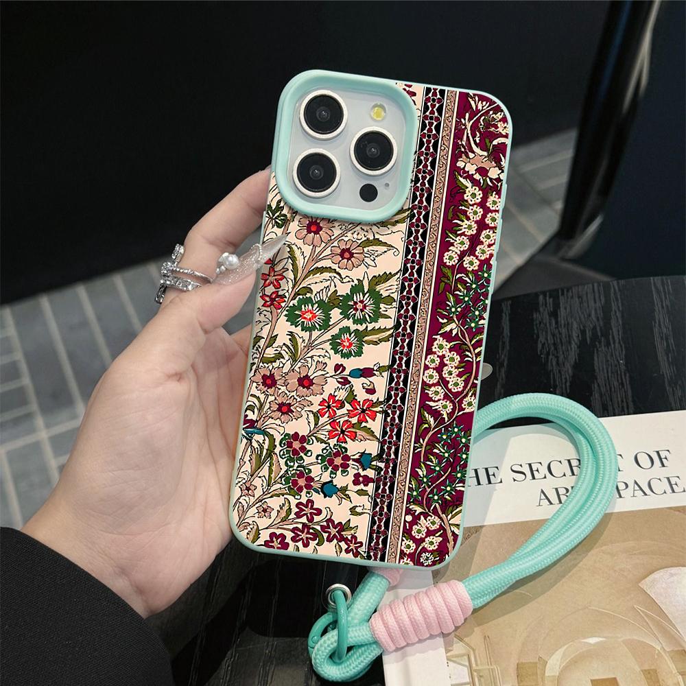 Vintage Persian Rug Pattern Protective Case For iPhone 15 14 17 Air 16 13 12 11 Pro Max Plus Litchi Texture Soft Cover Lanyard
