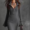 Fashion Zippers Turn-down Collar Mermaid Dress Woman Elegant Solid Slim Party Dresses Autumn Flare Sleeve Rib Knitted Long Dress
