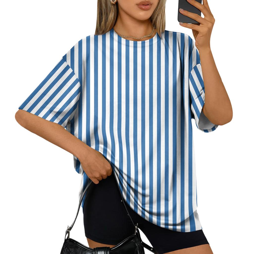 Women’s Casual Loose Fit Striped Short Sleeve Top Summer Oversized Pullover Crew Neck Lightweight Relaxed T Shirt Blouse