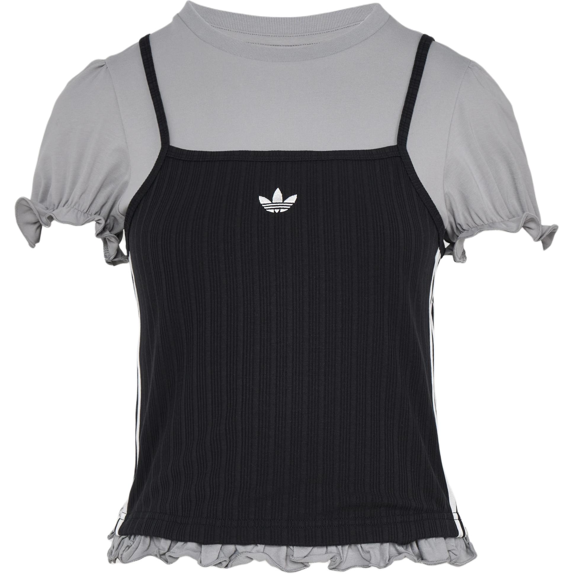

adidas Originals Two-In-One Ribbed Tank Top with Puff Sleeve Tee Black Grey Women KY3299 2XS