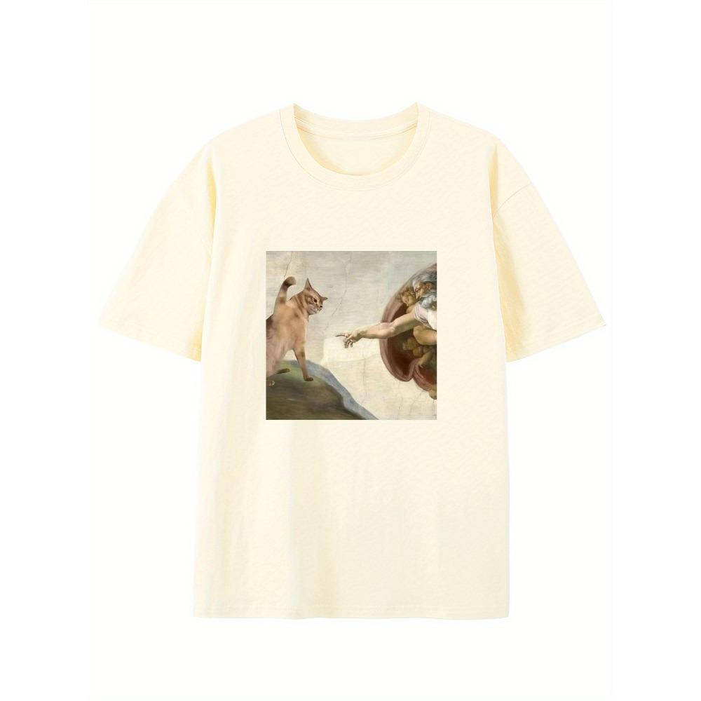 Humorous Cat Pattern T-shirt Casual Round Neck T-shirt Suitable for Adult Short Sleeved Summer Casual Fashion Top