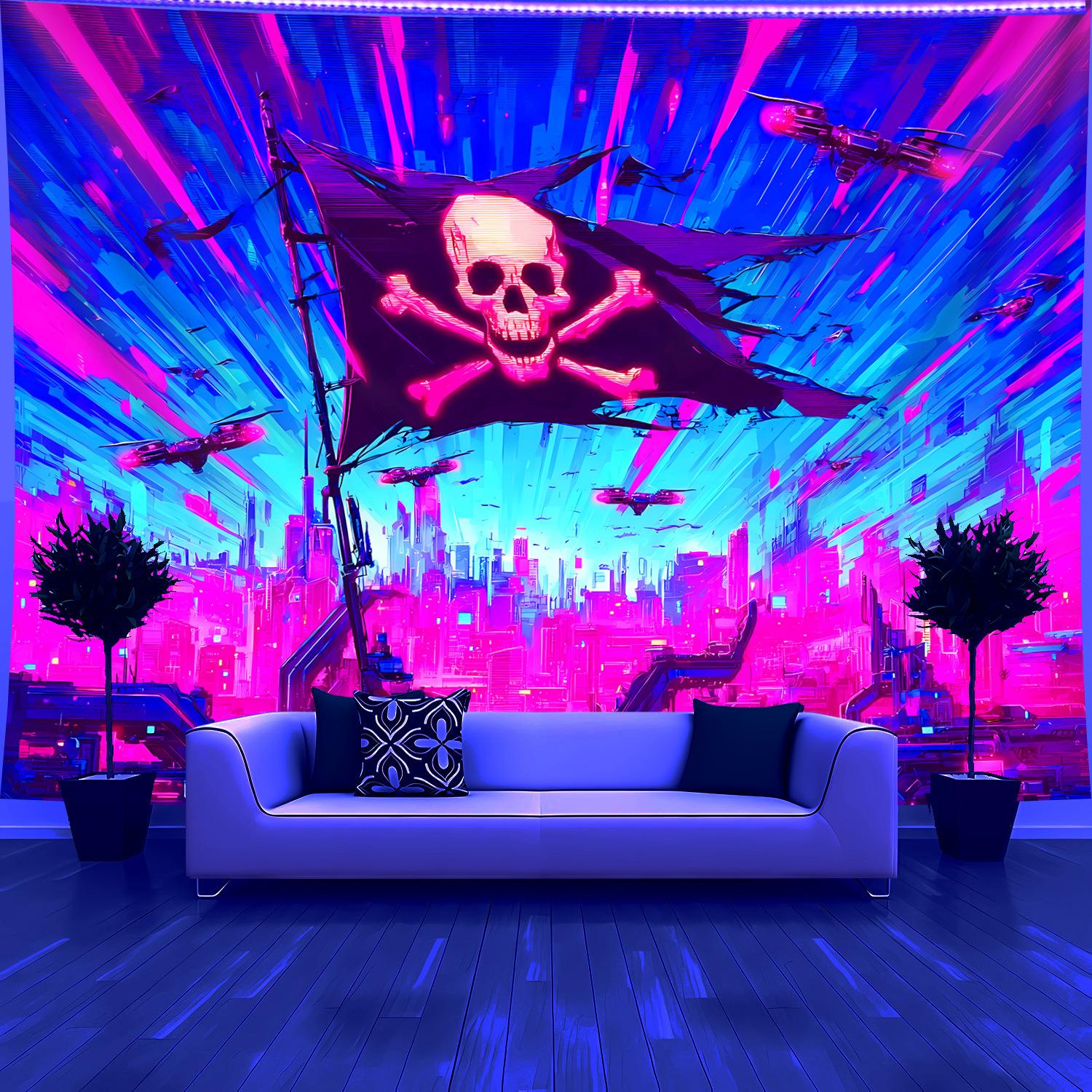 Cyberpunk Skull City Scene Tapestry Vibrant Blue & Pink Neon Chic Living Room Feature Wall Gaming Room Theme Bar Decor 100X70CM