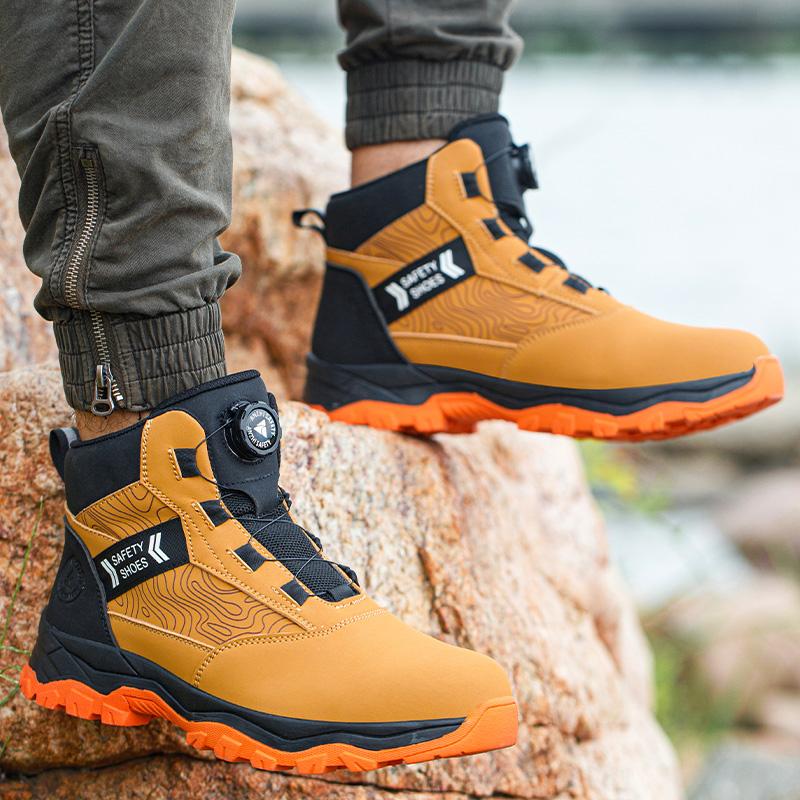 Fashion Waterproof Work Shoes Men High Top Rotating Button Safety Shoes Man Steel Toe Boots Leather Work Boots Sneakers Protective Boots