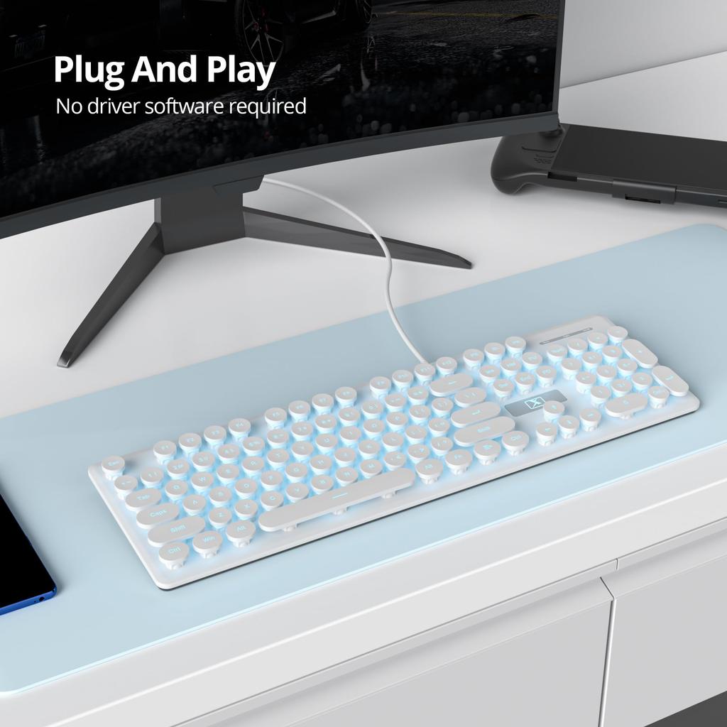 Wired Quiet Membrane Keyboard, Full-Size 104-Key Retro Punk Typewriter White LED Backlit, USB Ultra-Slim Gaming Keyboard with ABS Round Keycaps for